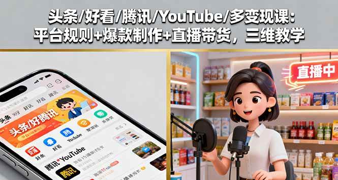(10.2)头条/好看/腾讯/YouTube/多变现课：平台规则+爆款制作+直播带货，三维教学