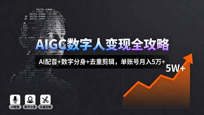 (10.1)AIGC数字人变现全攻略，AI配音+数字分身+去重剪辑，单账号月入5万+